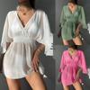 European-American V-Neck Backless Beach Cover-up Dress with Waist Tie