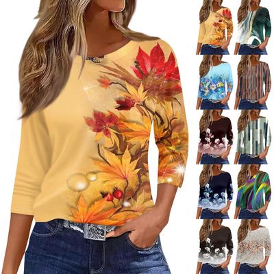 Damen-Shirt mit sieben Viertelärmeln, Retro-Blumendruck, modisch, lässig, locker, Rundhalsausschnitt