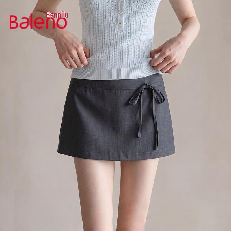 Baleno Women s French Retro High-Waist A-Line Tie-Belt Skirt M