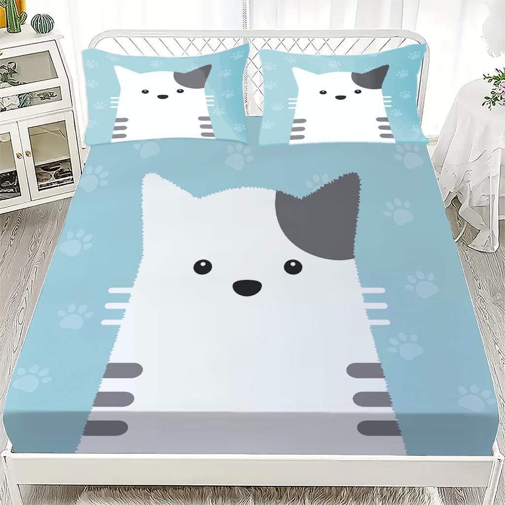 3pcs Cartoon Fitted Sheet Set Cute Lovely Cat Paw Print 100% Polyester Breathable Bedding Set for Home Decor with 2 Pillowcases
