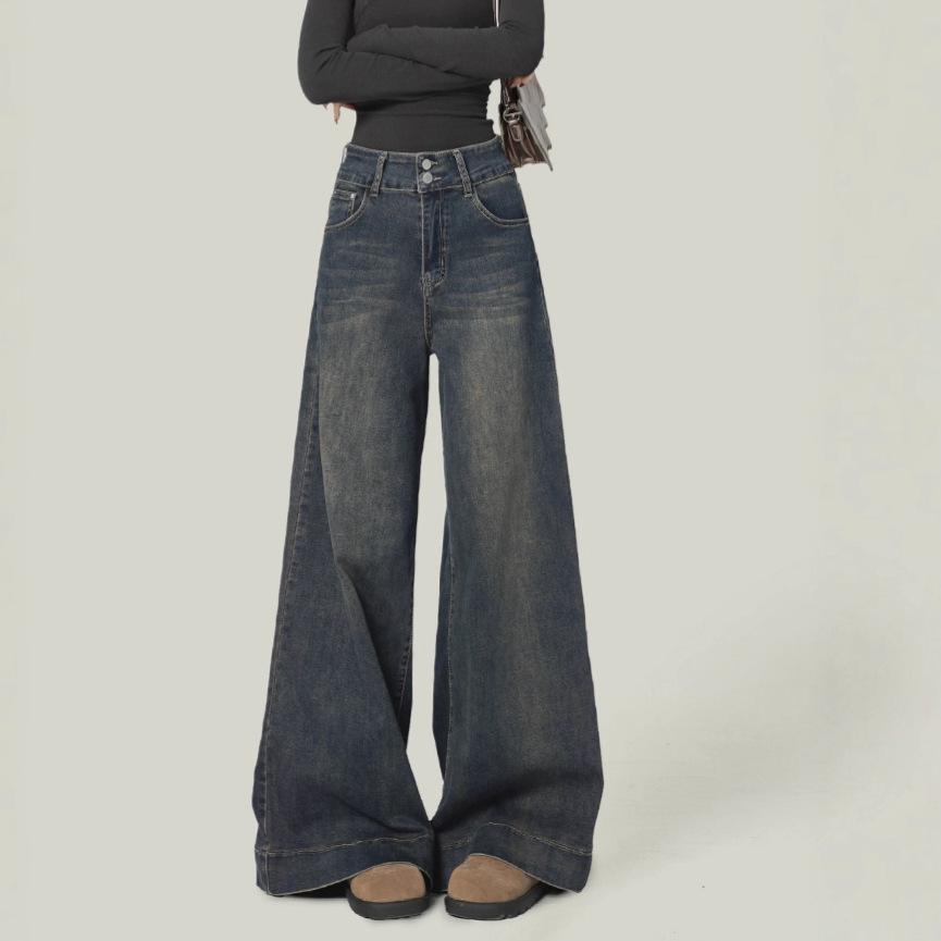 

Women s High-Waisted Retro Blue Wide-Leg Jeans, Loose Fit, Good Drape, Floor-Length, Perfect for Spring/Autumn. XL [118-128 kg]