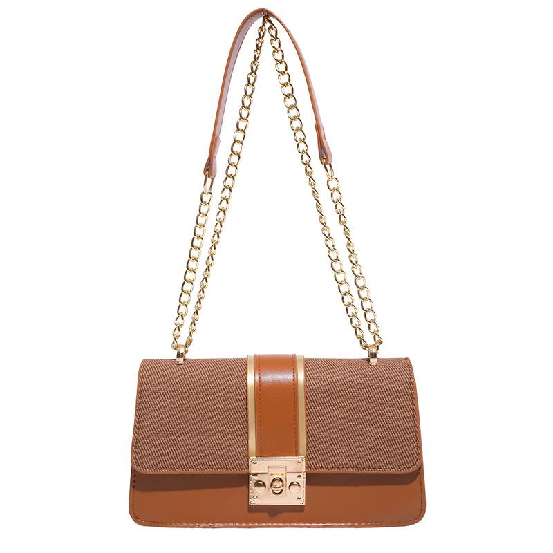 Top-Handle Bag Simple Women'S Chain Shoulder Bag Small Square Handbag Exquisite Pu Leather Canvas Patchwork Bag For Workplace