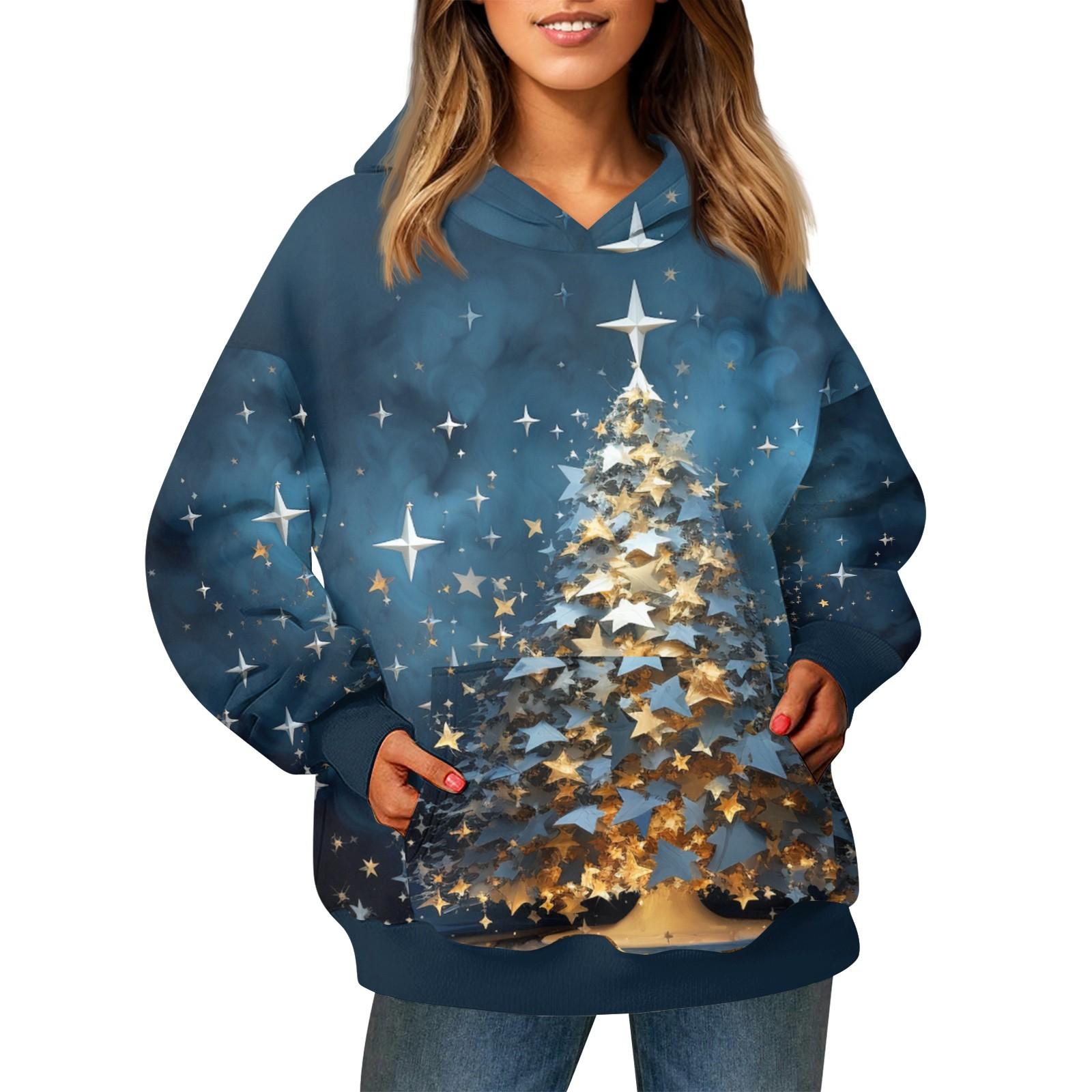 

Женский модный свитер с длинными рукавами и рождественским принтом, с капюшоном и карманом XXXL