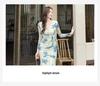 Elegantes V-Ausschnitt Netzkleid mit Print: Hohe Taille, Schlankmachender Falten-Schlitz, Langarm Bodycon Rock