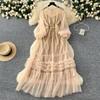 High Street Fashion Mesh Party Dress Women Ruffles Neck Long Sleeves Sheer Shiny Sundress Tierred Sequines Maxi Dress