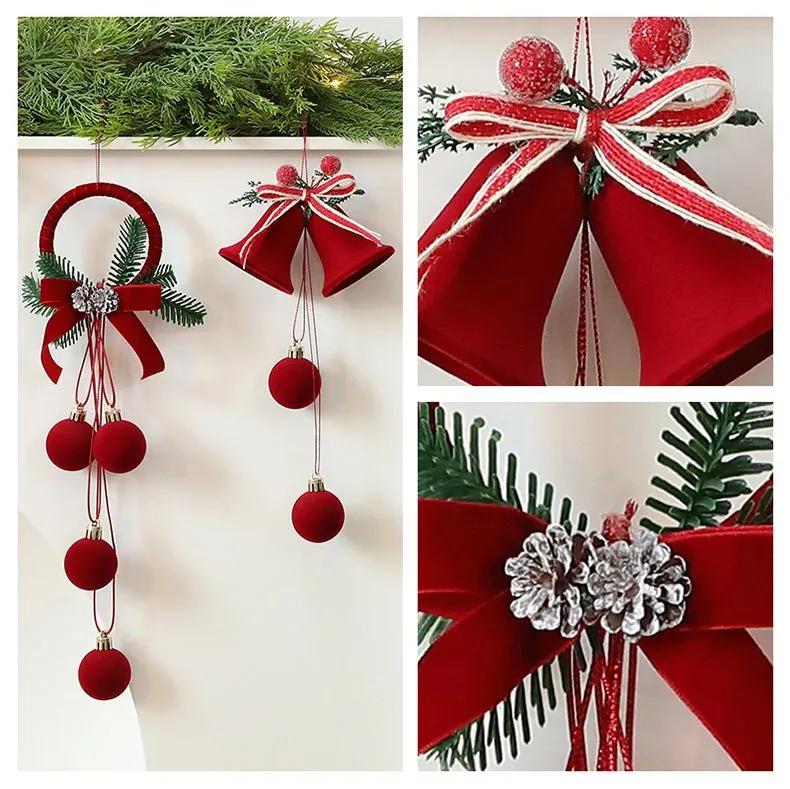 Velvet Flocked Christmas Bells Ornaments Set, Red Decorative Hanging Ornaments for Tree, Wreath, Garland