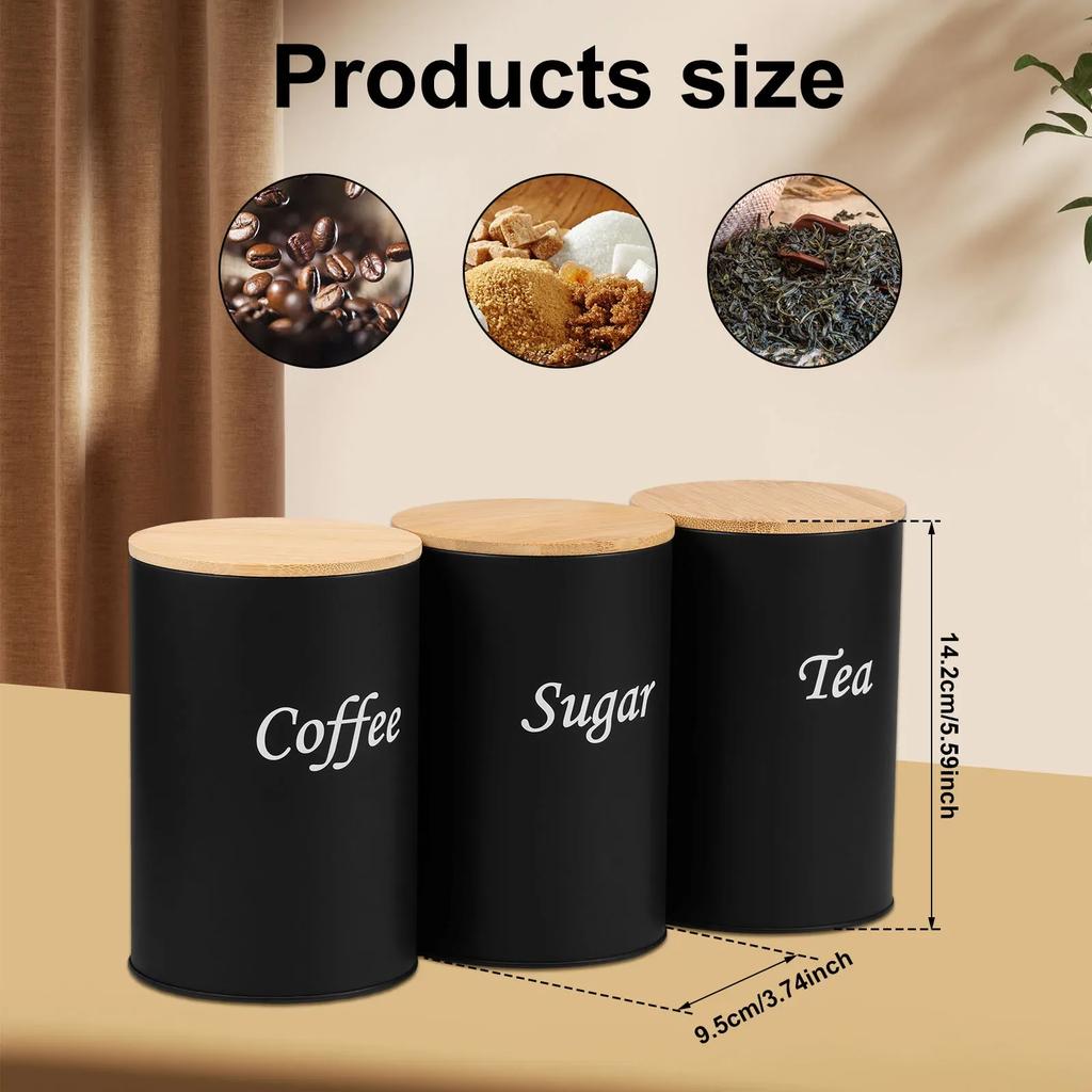3Pcs Food Storage Canisters Iron Tea Sugar Coffee Canisters with Bamboo Lid Versatile Tea Coffee Sugar Canister for Sugar Tea