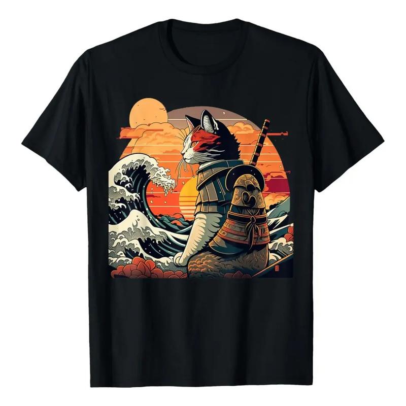 Camiseta Retro Japonesa Samurai Cat The Great Wave De Hokusa S