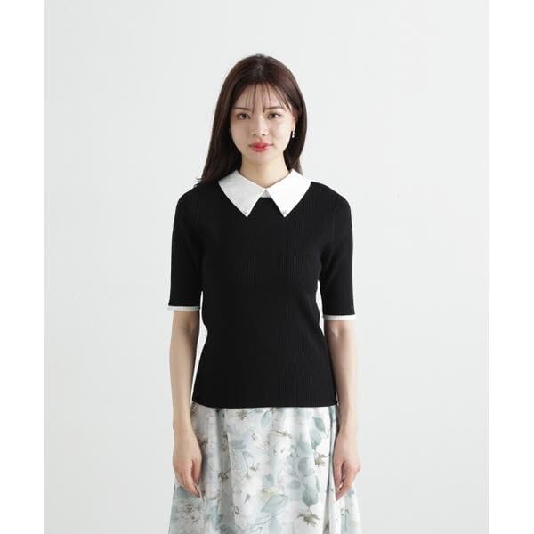Proportion Body Dressing Collared Short Sleeve Ribbed Knit Black Women's 2-Way Sweater,