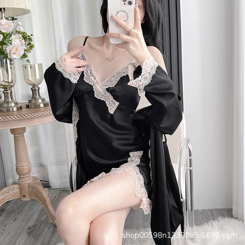 Pajamas women's spring and autumn satin ice silk nightgown summer pure desire wind v tie chest pad suspender nightdress two-piece set