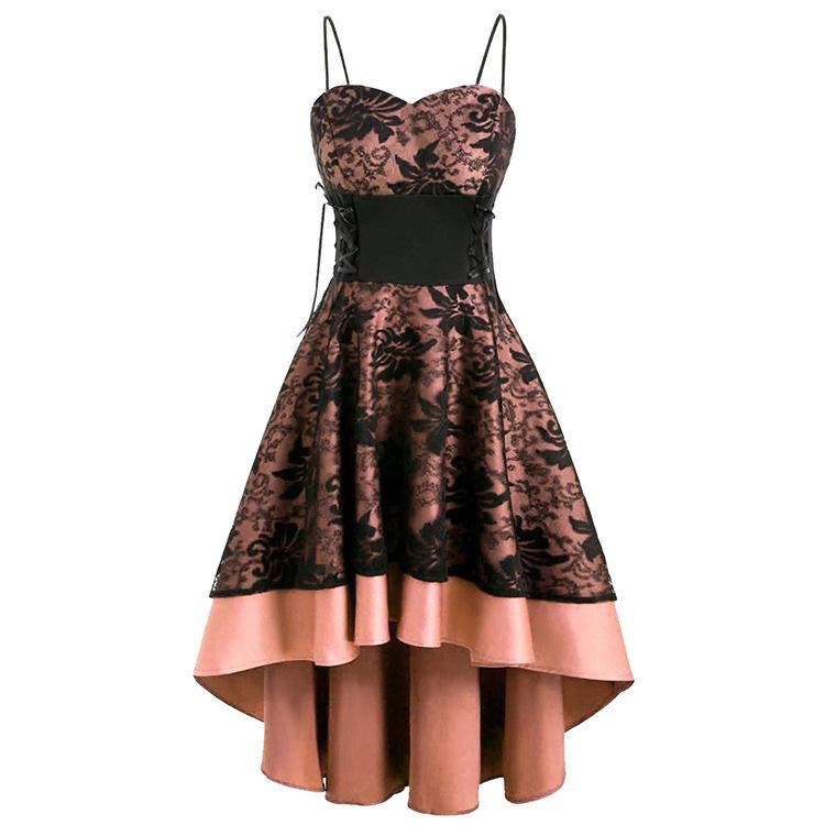 Damen Vintage Gotisches Spitze Abschlussballkleid Spaghettiträger Herz Ausschnitt Korsett Schnürung Hoher Niedriger Saum Ausgestellt A-Linie Abendparty Cocktail Formelles Kleid