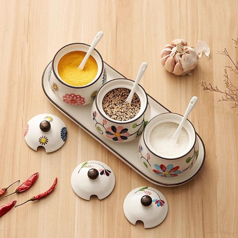 4 Piece Ceramic Spices Container Set Includes Decorative Tray Durable Kitchens Organizers for Spices Condiments
