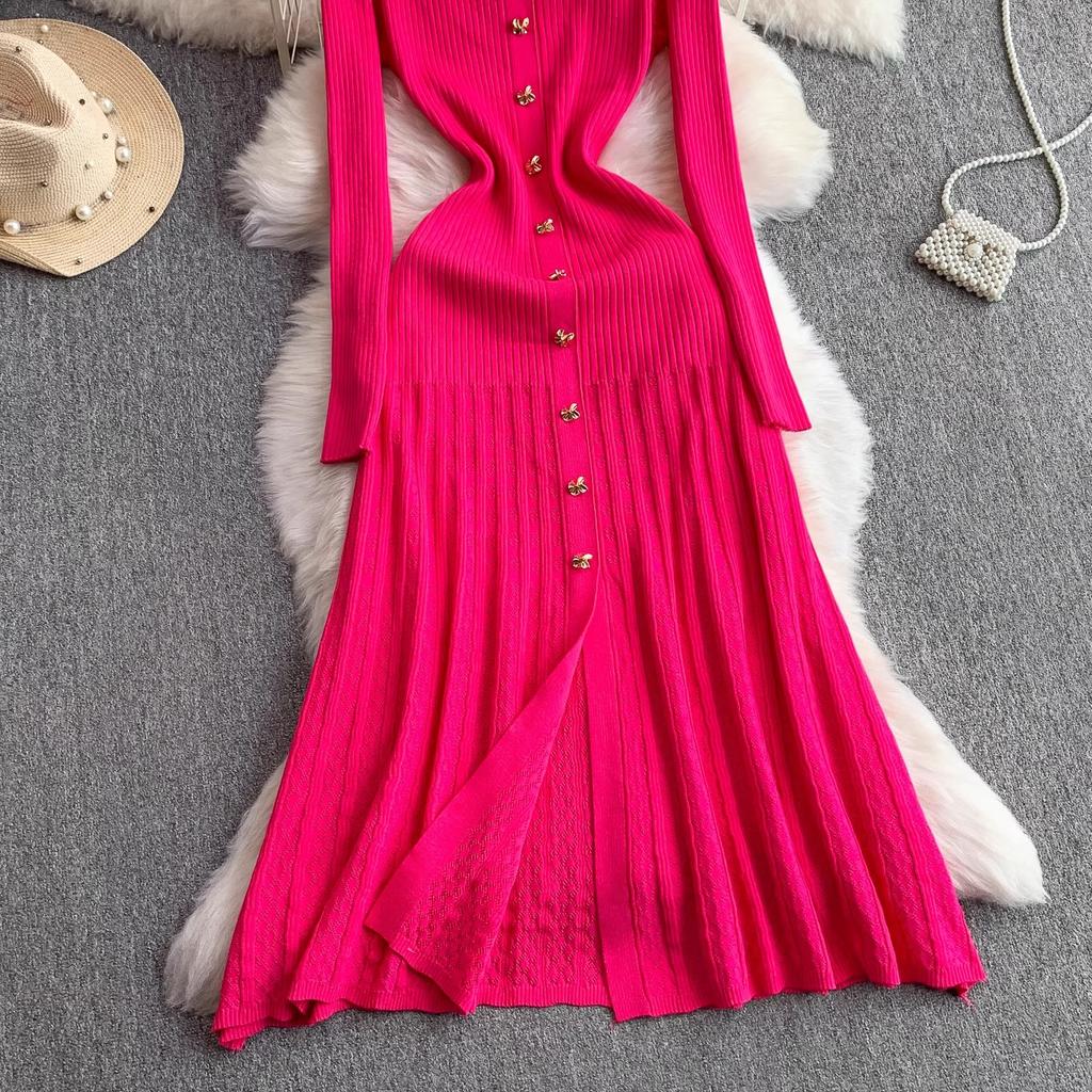 Women Dress Autumn Winter Vintage Turn-down Collar Long Sweater Dress Elegant Office Lady Dresses Chic Party Vestidos