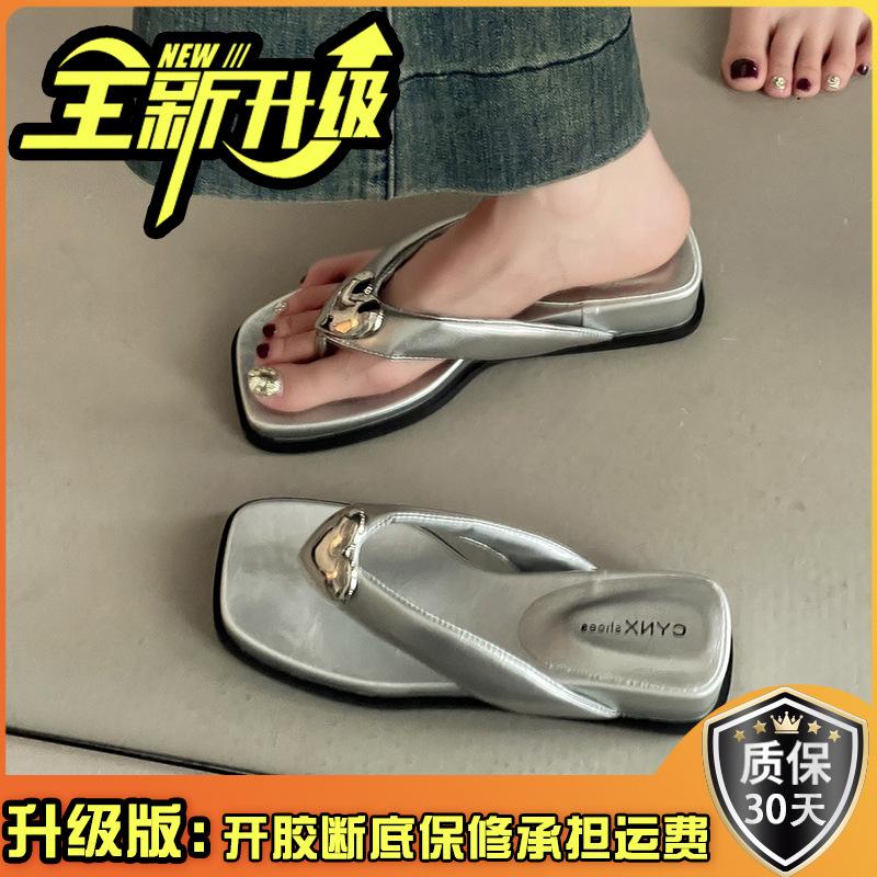 Fashion Metal Buckle Flat Bottom Flip-flop Foot Cool Slippers Summer Versatile Soft Bottom Sandals Vacation Women's Wedge Slippers