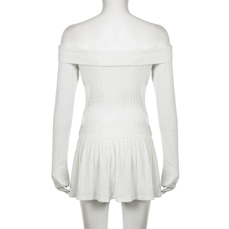 Women's Pure Desire To Pull A Pleated Waist One-line Shoulder Dress Sexy Sweet Spicy Waist Slimming Long Sleeve Low Waist Short Dress