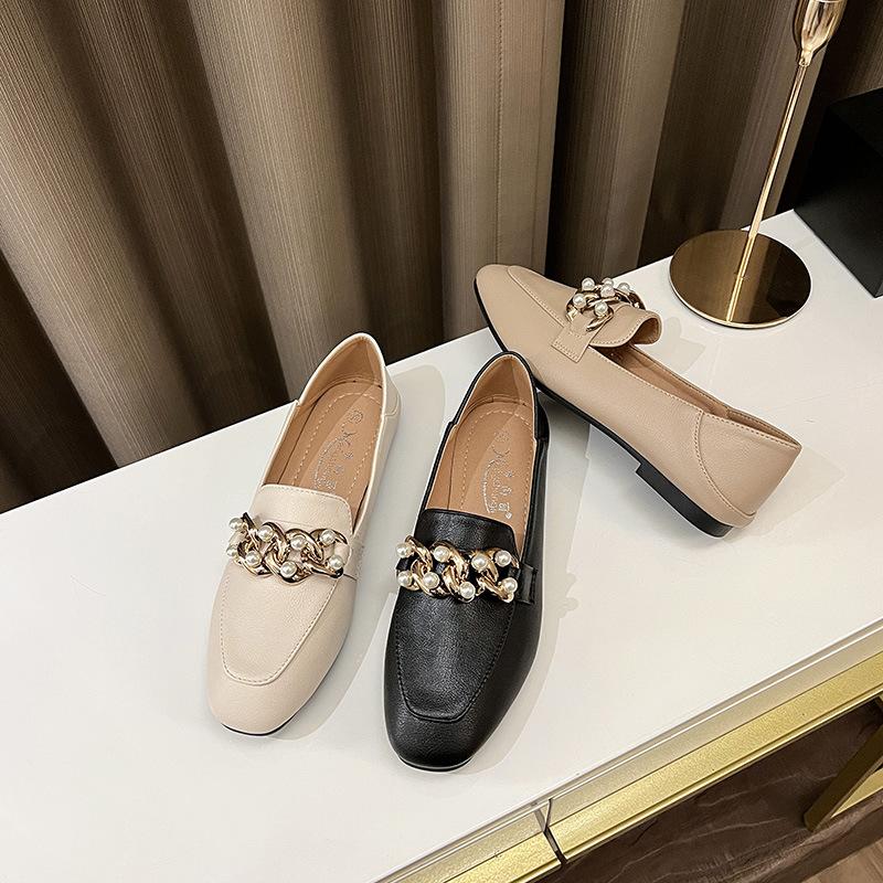 Einzelschuhe Damen Flache Unterseite Neue Frühlingserbsenschuhe Britischer Stil Retro Kleine Lederschuhe Slip-On-Loafer für Damen