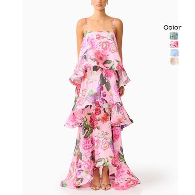 European and American Summer Fresh and Sweet Printing Multi-layer Cake Long Suspender Dress 125