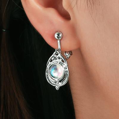 New Women's Earrings Screw Clip Gemstone Earrings Palace Hollow Carved Crystal Pierced Earrings