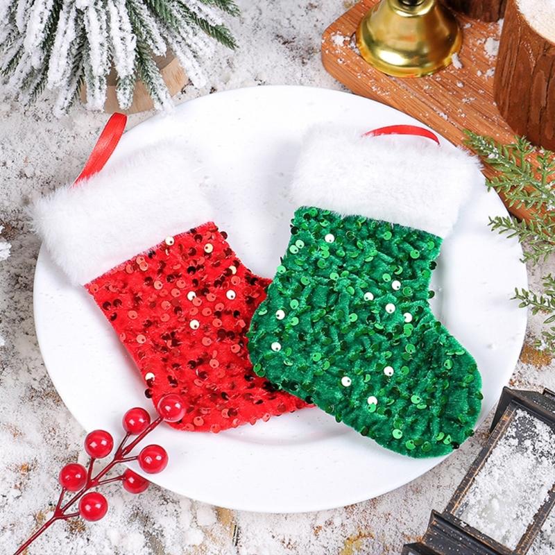 10Pcs Festival Gift Holders Fireplaces Decoration Sparkling Sequins Christmas Stockings with Plush White Rims Decors