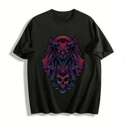 Dark Three-Headed Beast Skull Print Trendy Loose Casual Crewneck T-Shirt Pure Cotton T-shirt