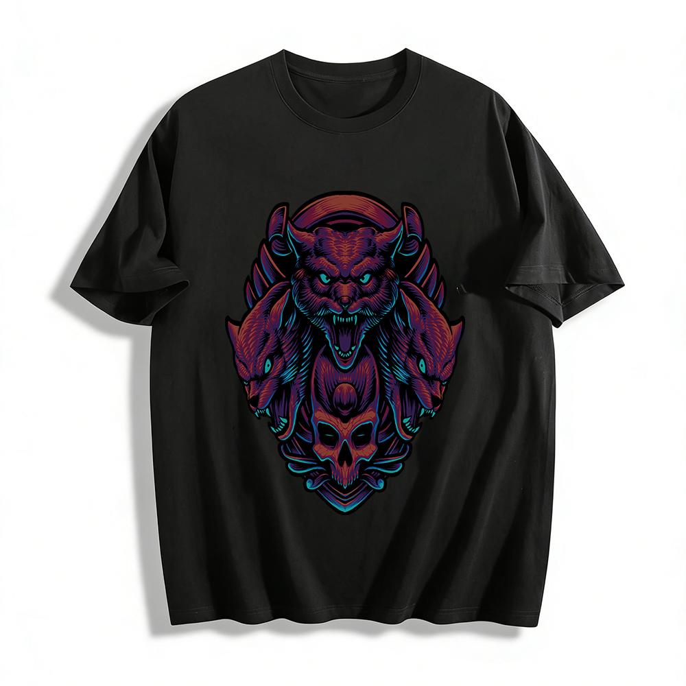 Dark Three-Headed Beast Skull Print Trendy Loose Casual Crewneck T-Shirt Pure cotton T-shirt XXS