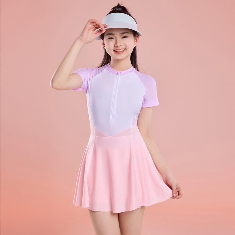 2023 Sporty One-Piece Skirted Swimsuit for Girls - Short-Sleeved, Plus Size, Hot Spring Swimwear for Kids