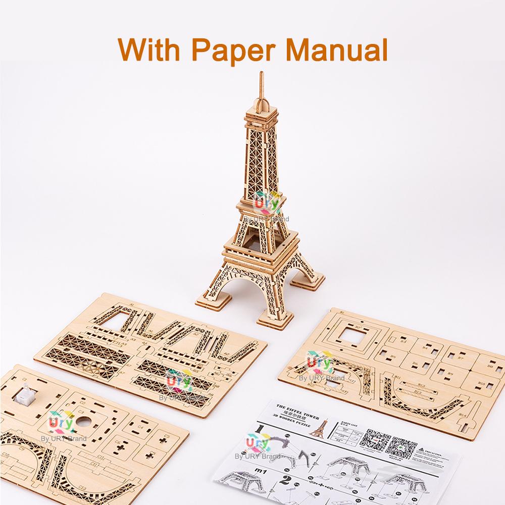 Ury 3D Wooden Puzzle Paris Eiffel Tower with Light Famous European Classics Building World Architecture Model DIY Toy Decoration