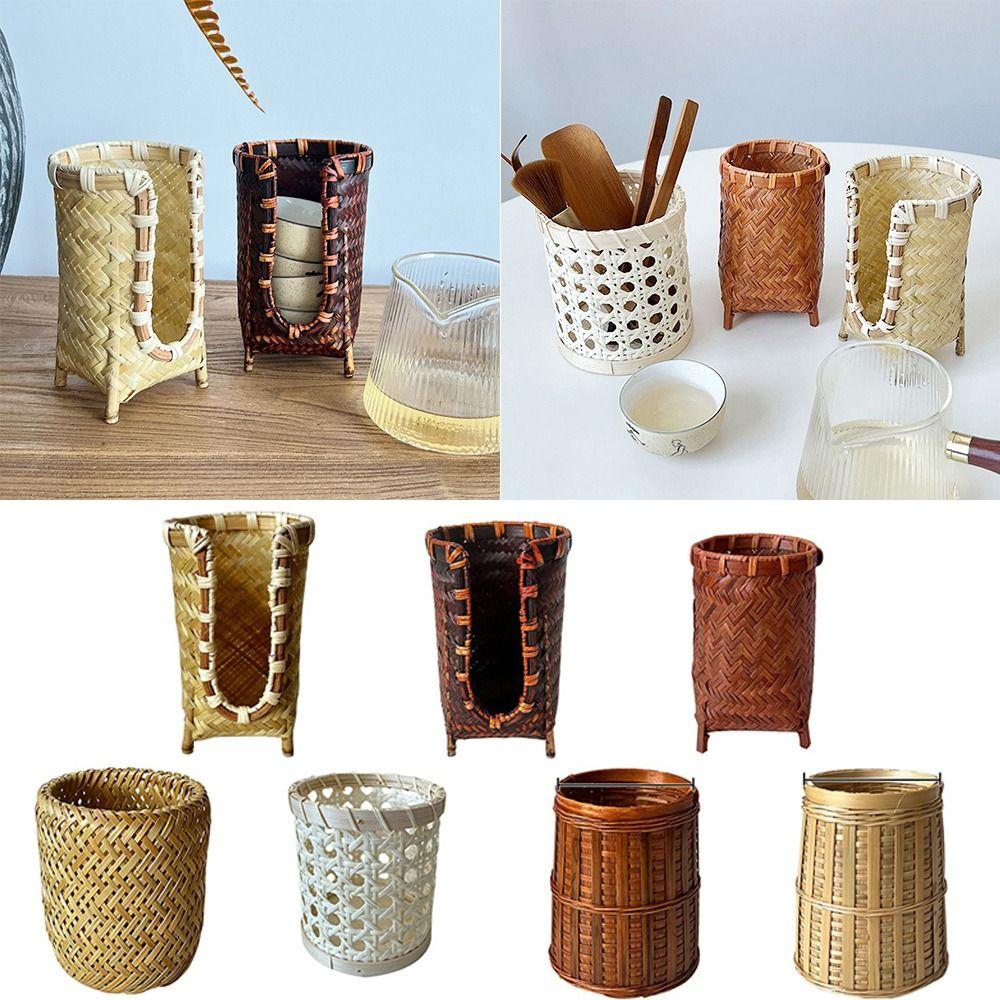 Convenient Bamboo Woven Cup Holder Rack Handmade Retro Paper Cup Dispenser Multipurpose Storage Basket for Bathroom Rinsing Cups