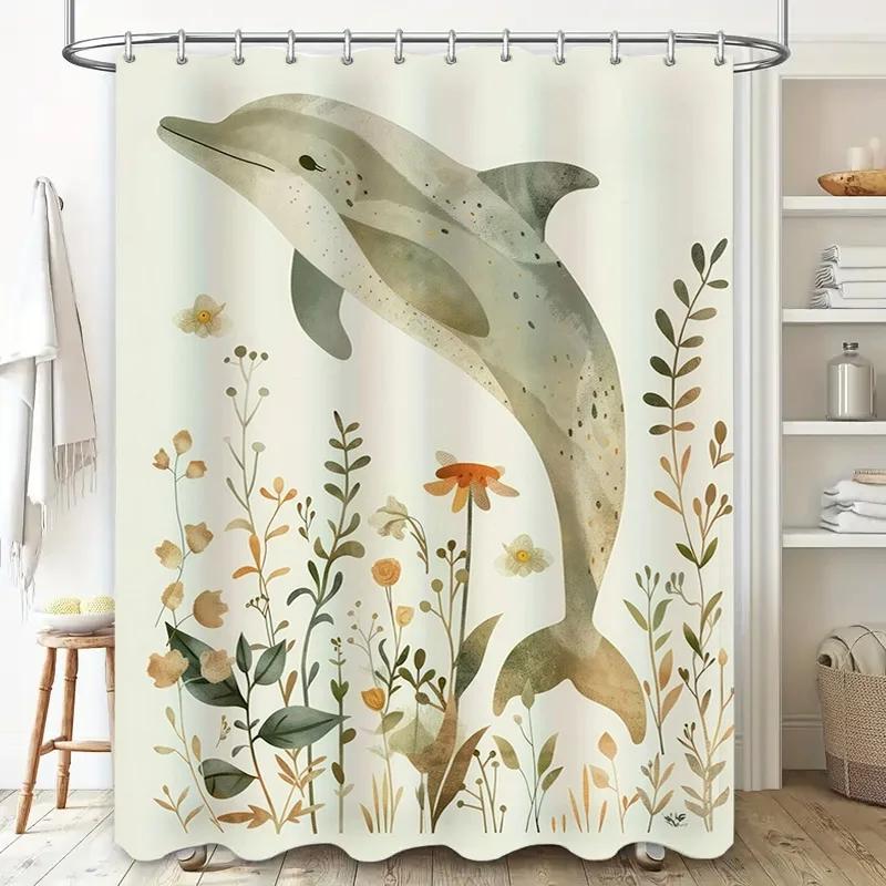 Stylish Dolphin Floral Shower Curtain Waterproof Fabric Bath Decor For Home Decoration