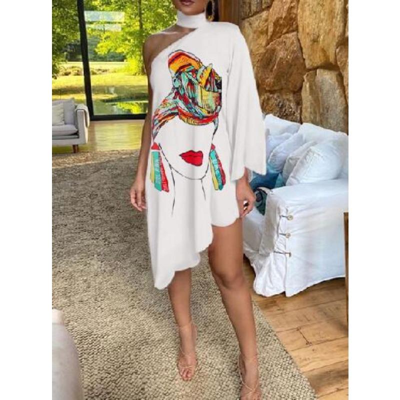 Sexy Ruffled Print One-sleeved Off-the-shoulder Dress