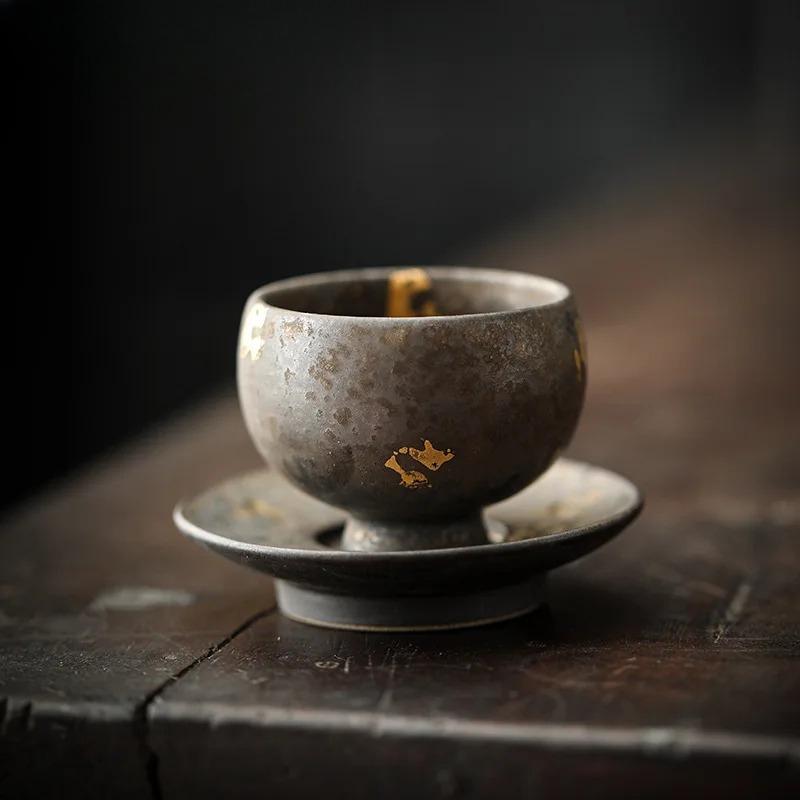 Handmade Sprinkle Gold Coarse Teacup Retro Rust Glazed Master Cup Cup Saucer Set Tasting Tea Bowl with Cushion Kung Fu Teaset