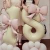 40 Inch Number 0-9 Balloon Cream White with Light Pink Bow Aluminum Foil Balloons New Year Decorations Birthday Party Balloons