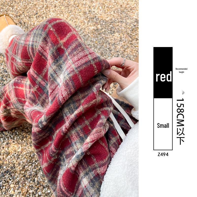 Women's Plaid Velvet-Lined Wide-Leg Pants - Autumn/Winter 2025 Retro Style