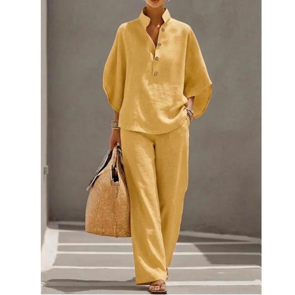 Completo Casual da Donna con Camicia Monocolore a Manica Lunga e Pantaloni in Cotone e Lino