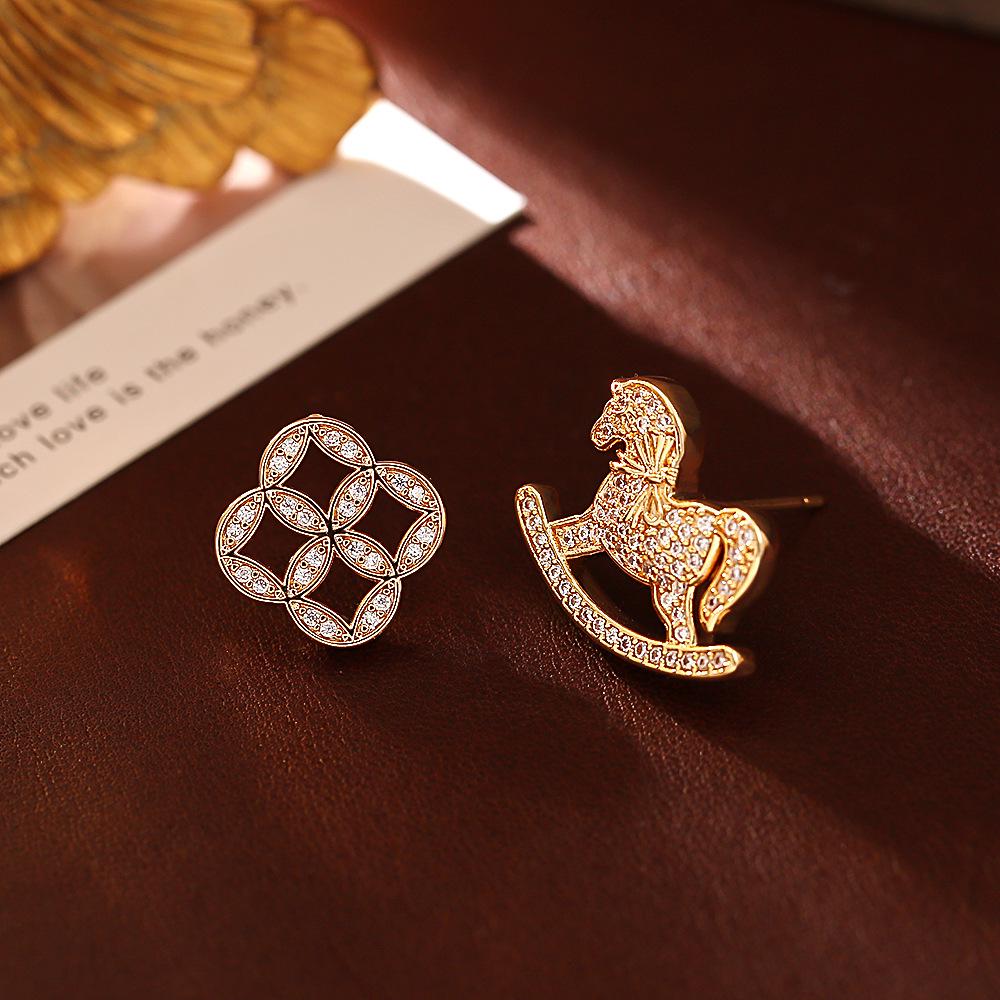 Asymmetrical Zodiac Horse Stud Earrings - High-End Fashion, Micro-Paved Diamond, Exquisite New Chinese Style Jewelry