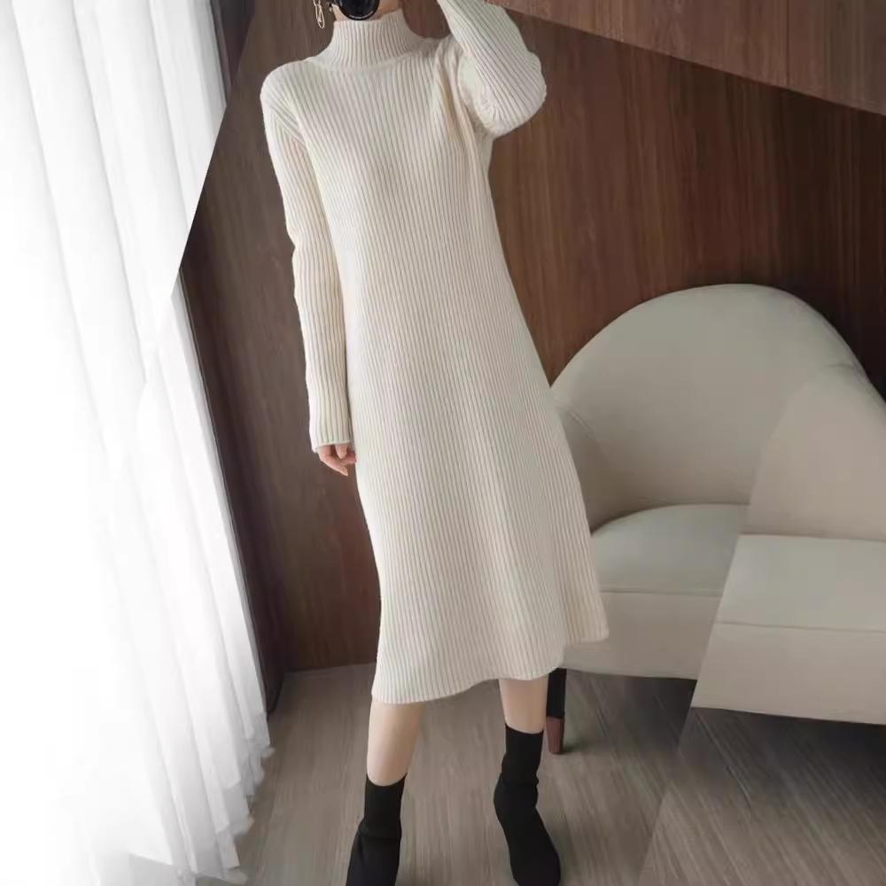 Women's Mid-Length Woolen Sweater Dress - Half-High Neck, Warm Knit Base Layer for Autumn & Winter