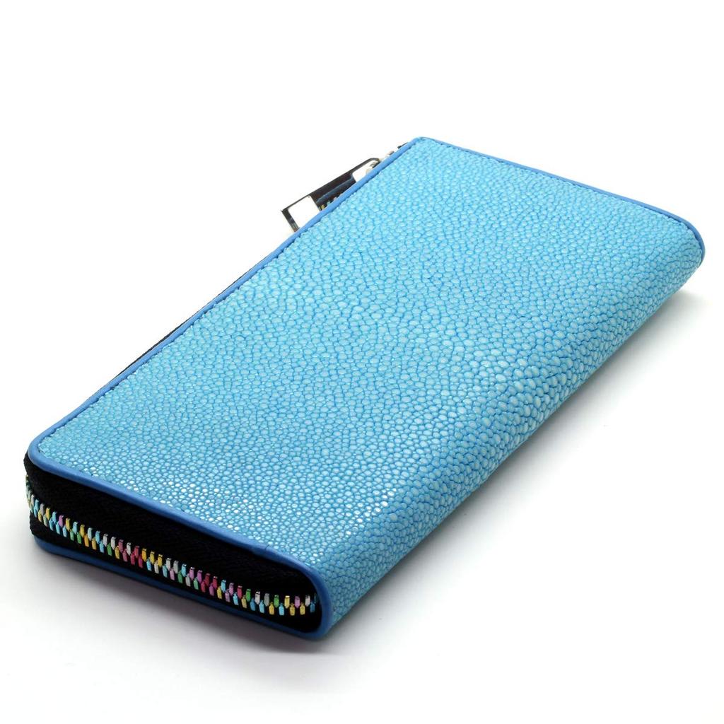 Levetta Stingray Leather Long Wallet, YKK Mix Colors, L-Zip, Galuchat, Stingray, Sky Blue, Light Blue, Men's and Women's, Genuine Leather [164-2stw]