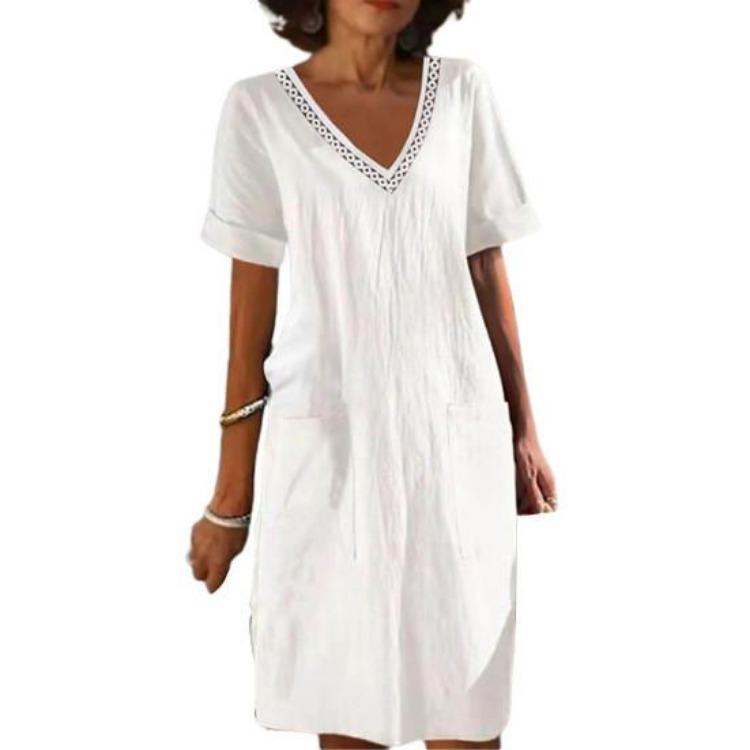 Summer Casual Dress V Neck Short Sleeves High Waist Midi Loose Knee Length Daily Wear Solid Color with Side Pockets