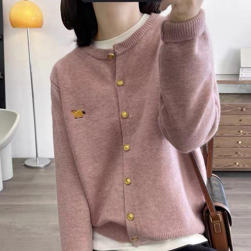 Exquisite Little Horse Embroidered Wool Cardigan with Round Neck and Metal Buckle