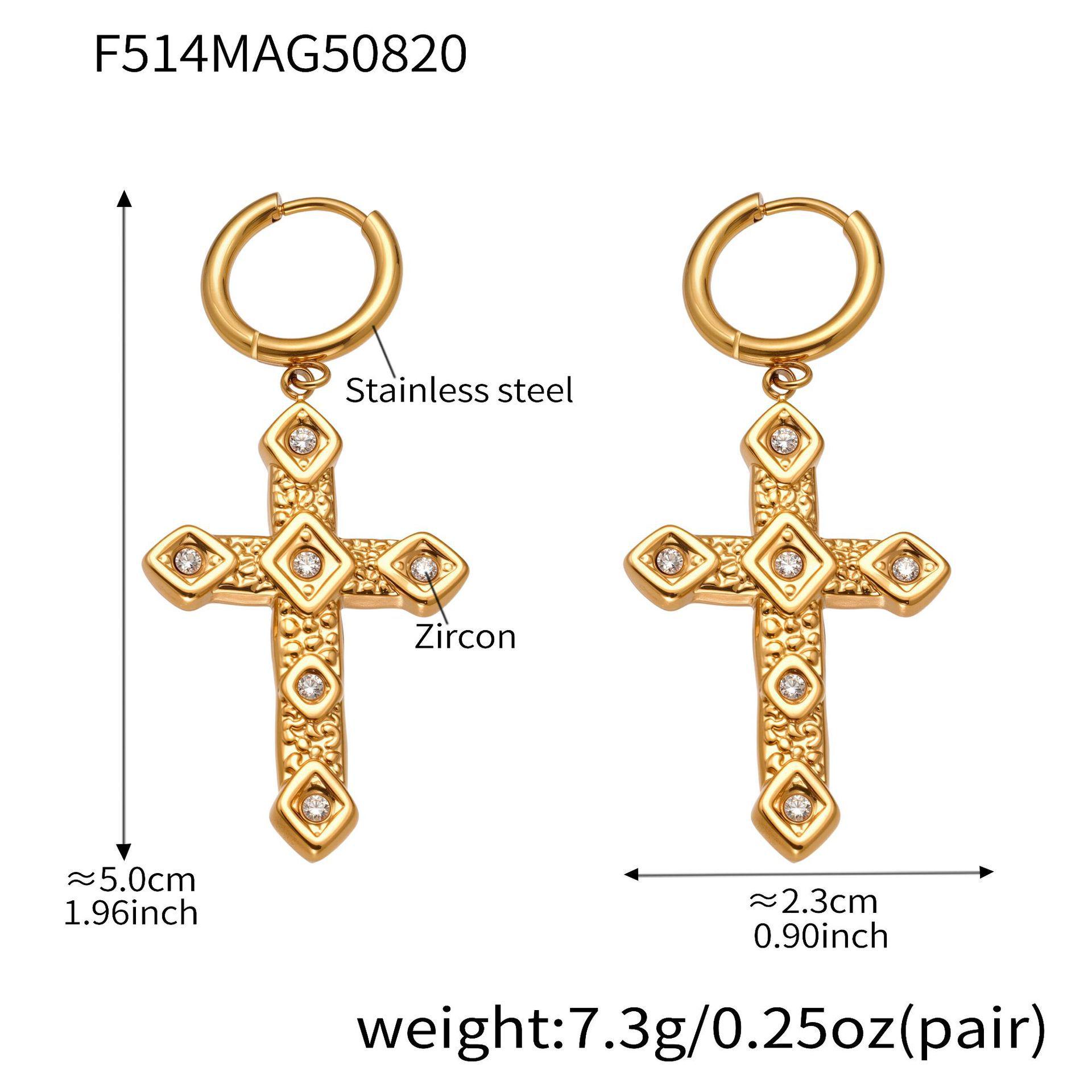 Qiong Yao 18K Gold Textured Cross Earrings with Zirconia in European-American Style, Women s Titanium Steel