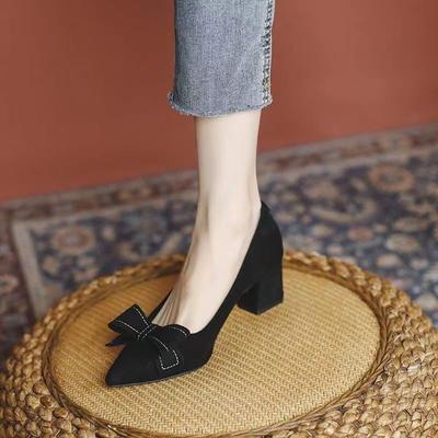 Blockabsatz spitze Einzelne Schuhe Damen Frühjahr 2025 neue Arbeit Beruf weiche Sohle Schleife schwarz vielseitig hohe Absätze