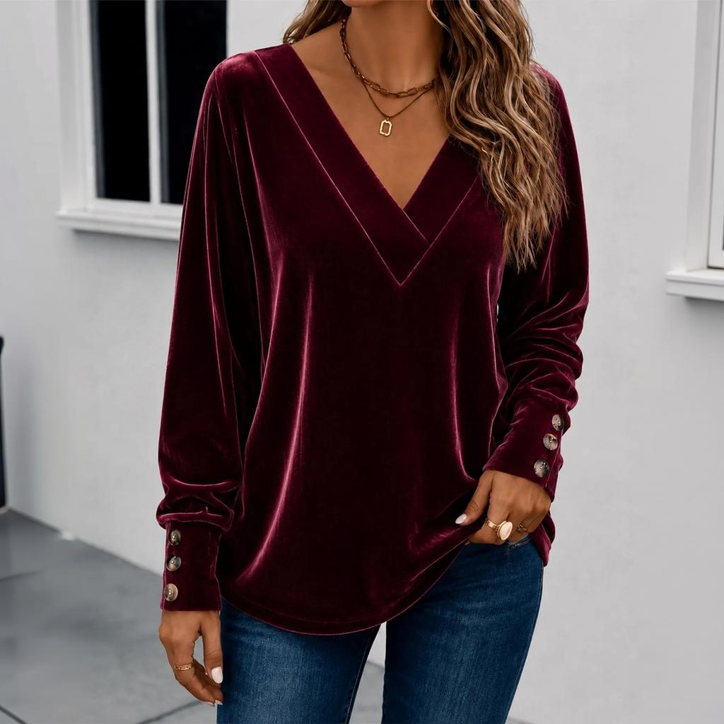 Women's V-Neck Long Sleeve Button Casual Pullover Top