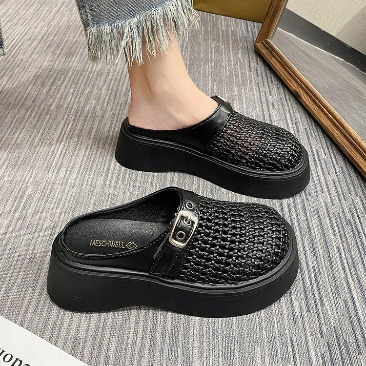 Luxus Gewebte Hausschuhe Damen Runde Zehenpartie Metallschnalle Hausschuhe Lässiger Stil Faul Draußen Tragen Damen Sandalen Hausschuhe Damen