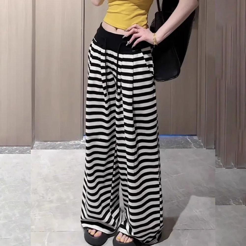 Plus Size Women's Summer Thin Striped Wide-Leg Pants - Design-Forward Slimming Drapey Casual Straight Athletic Trousers