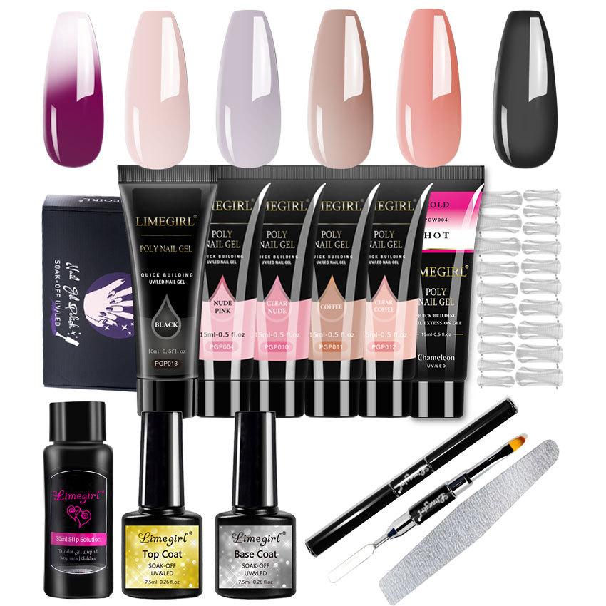 No-Wipe Extension Gel Kit with Nail Forms, Quick Soak-Off Builder Gel for Crystal Nail Extensions, Strong Flexible Clear Gel 30ml