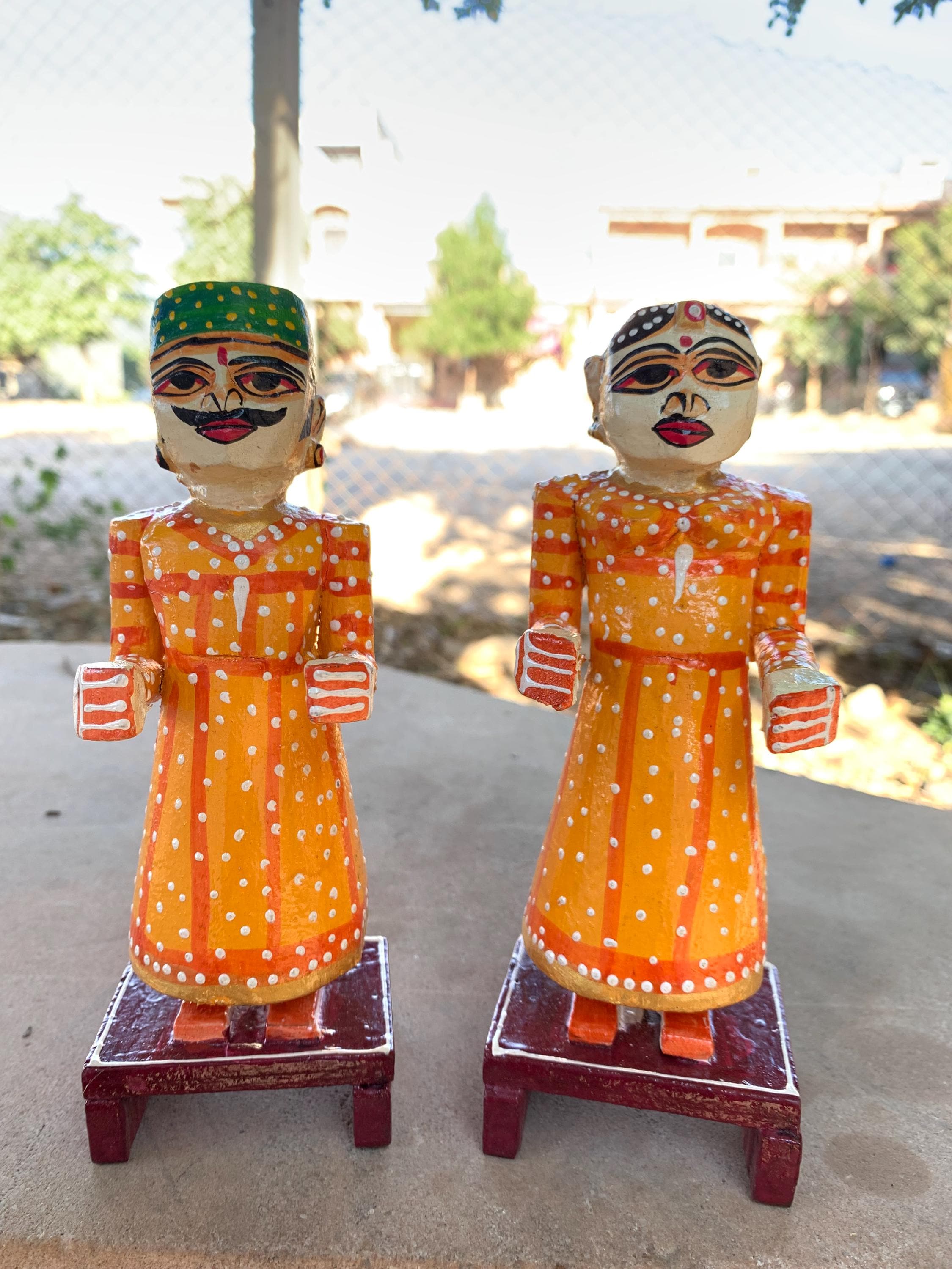 

Hand Painted Wooden Isar Gangaur Statues: Rajasthani Festival Dolls 16” X 8” X 24” (l x w x h) разноцветный