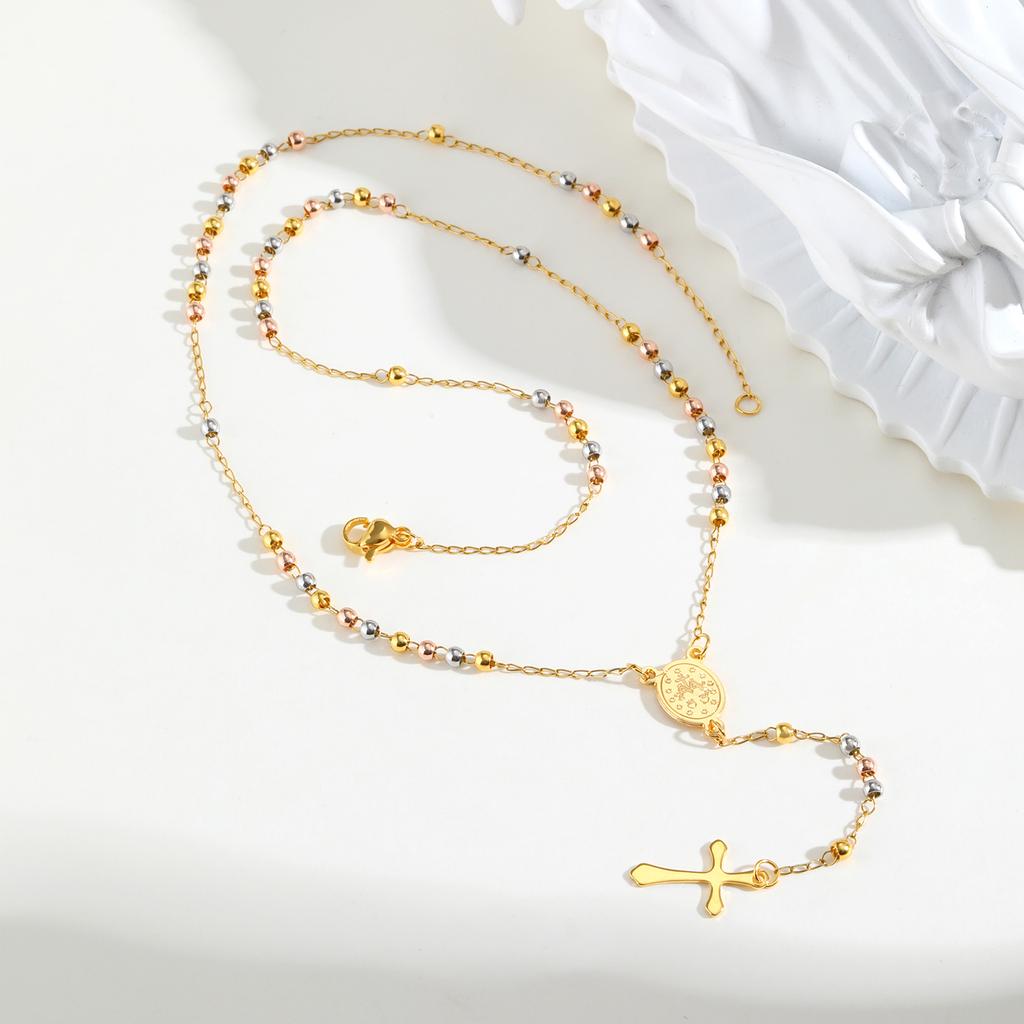 Vnox Long Rosary Necklace Accesorios Stainless Steel Virgin Mary Oval Bar With Cross Pendant Fashion Jewelry