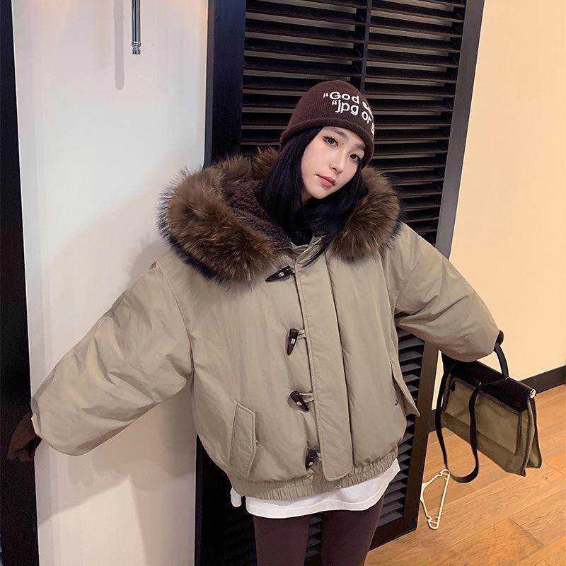 Tooling Pie Overcomes Short 2025 Removable Fur Collar Hooded New Thickened Loose Winter Warm Horn Cotton Clothes