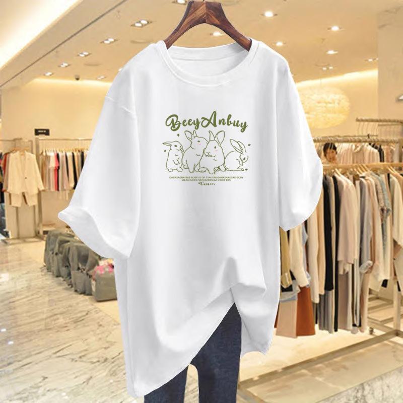 

2025 summer short-sleeved T-shirt women s loose cotton casual round neck half-sleeve printed top ins S
