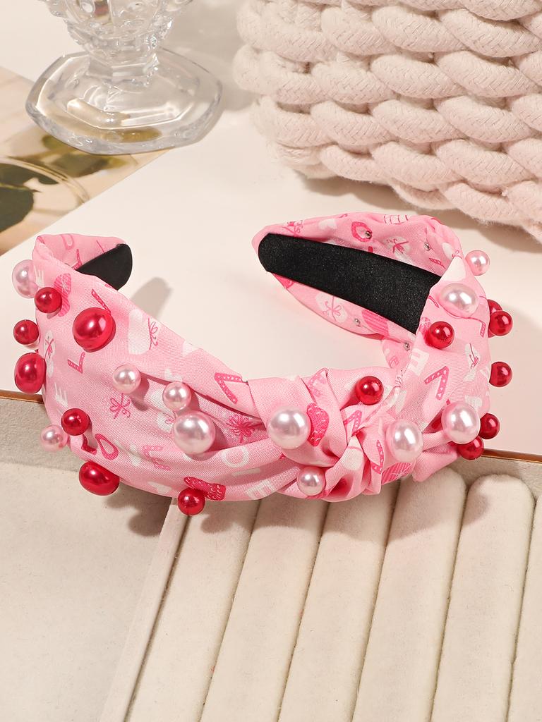 Valentine's Day Headband for Women Pearl Knotted Headband Red Pink Pearl Hairband Wide Top Knot Hairband Valentine’s Gifts